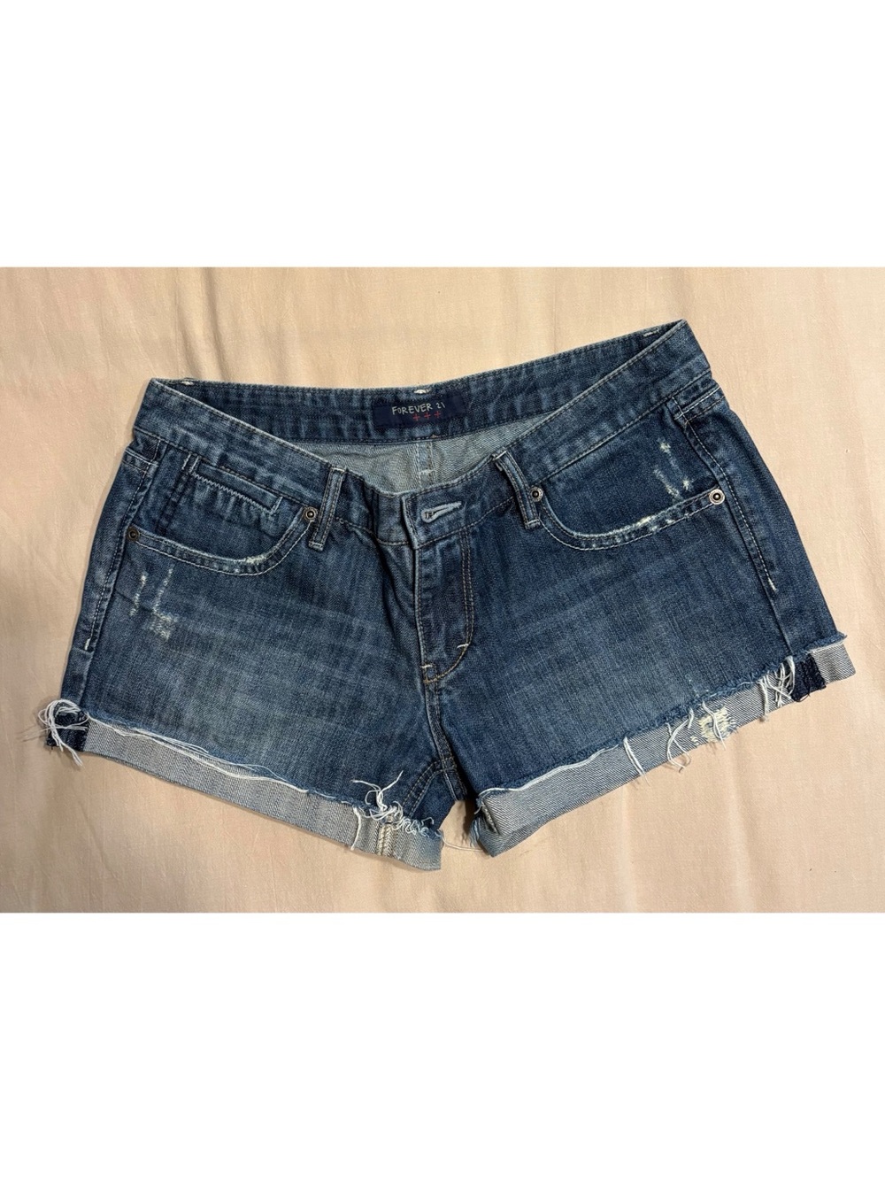 Forever 21 Distressed Dark Blue Denim Cuffed Women's Shorts